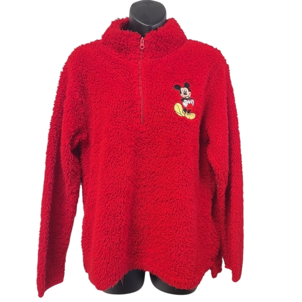 Disney Fleece Jacket Womens Size M  Embroidered Mickey Zip Up  Neck Red Fleece